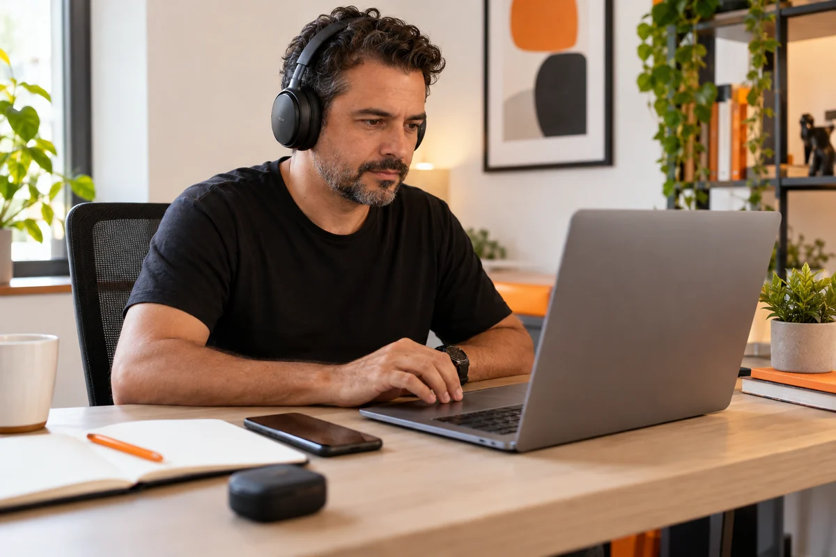 Profissional com fones de ouvido revisa uma gravação no notebook.