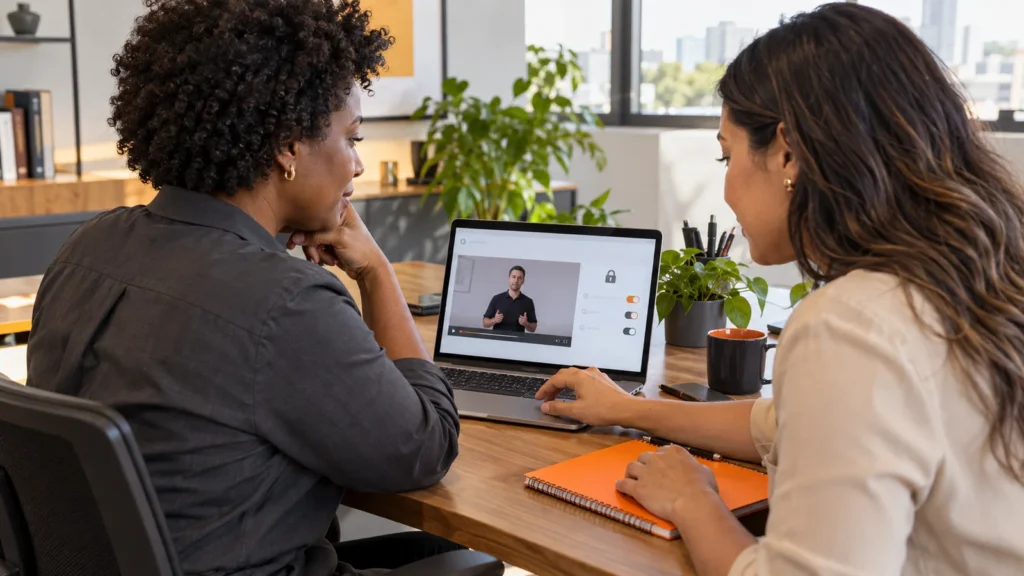 Duas profissionais revisam opções ilustrativas de acesso e reprodução de uma videoaula no notebook.