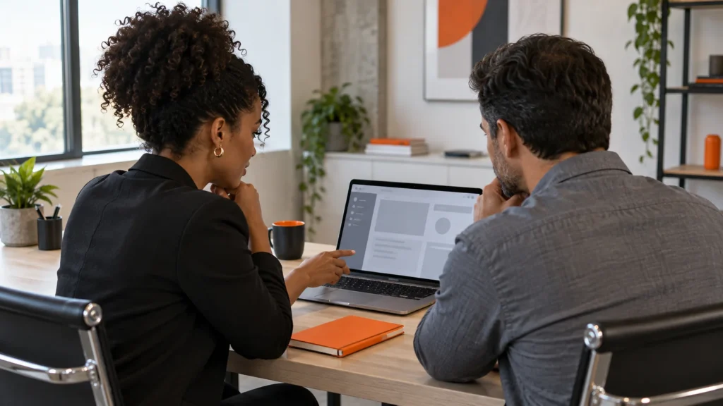 Dois profissionais analisam juntos a tela de um notebook durante uma conversa sobre dados de negócios.