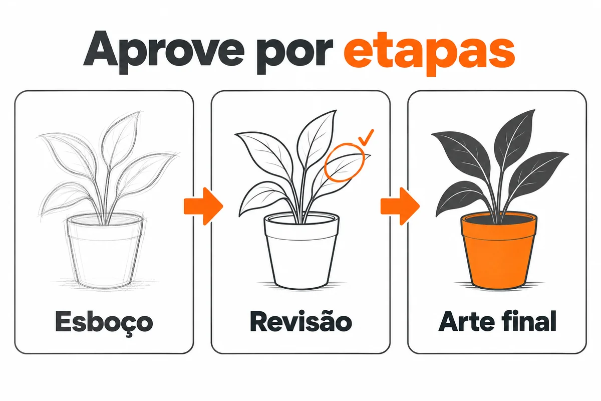 A mesma planta passa pelas etapas de esboço, revisão e arte final.