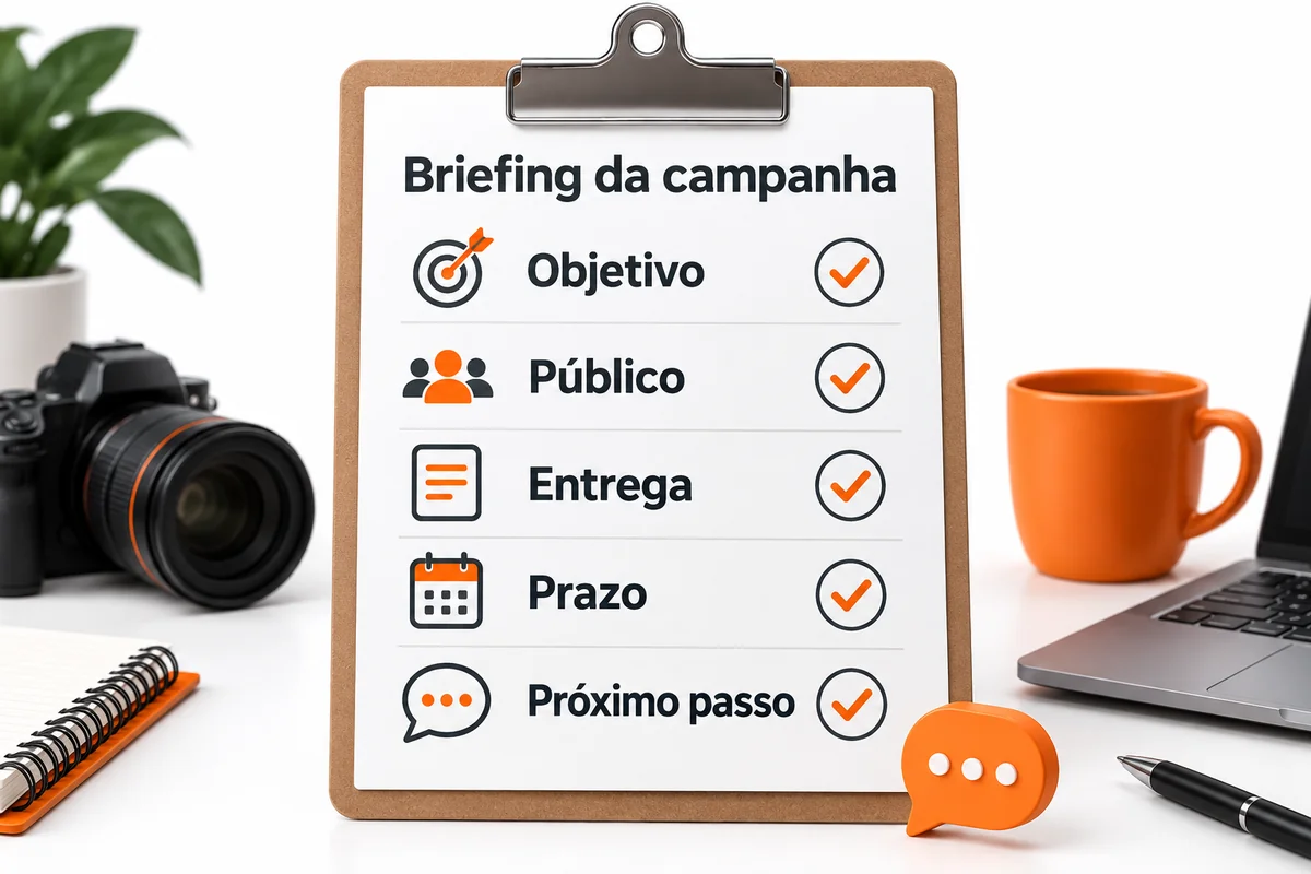 Checklist de briefing com objetivo, público, entrega, prazo e próximo passo.