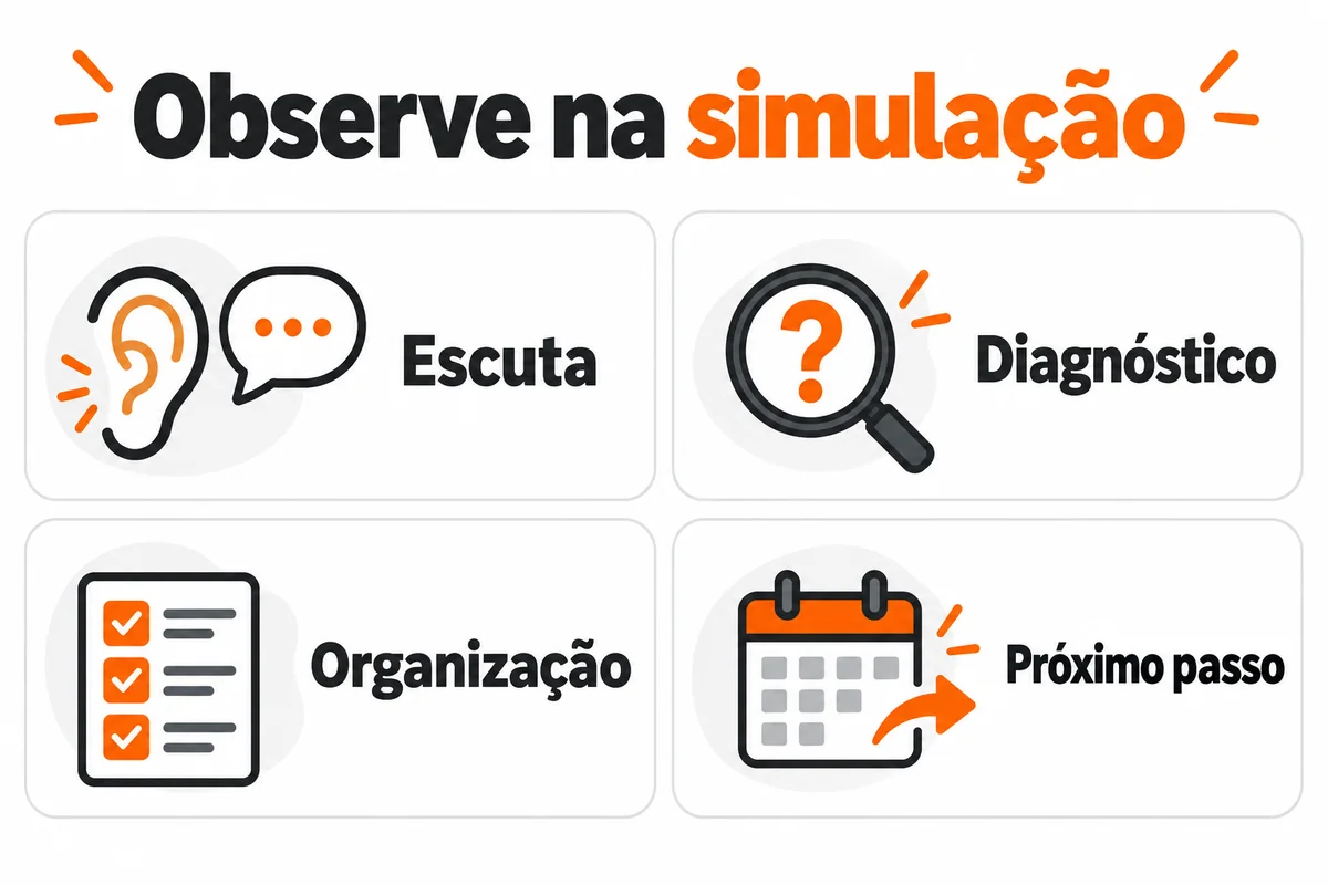Quatro pontos para observar na simulação: escuta, diagnóstico, organização e próximo passo.