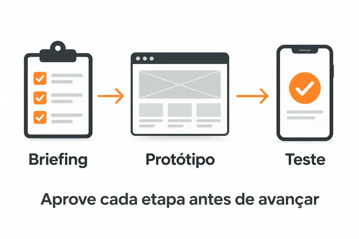 Fluxo de briefing, protótipo e teste, com aprovação de cada etapa antes de avançar.