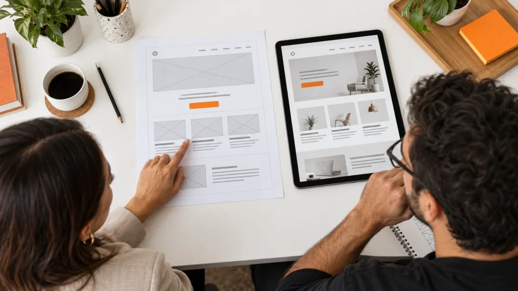 Gestora e designer comparam um esboço de site sobre a mesa com a proposta visual em um tablet.