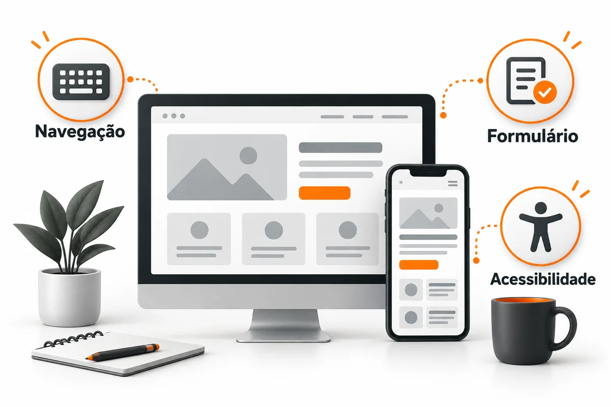 Site adaptado ao computador e ao celular, com destaques para navegação, formulário e acessibilidade.