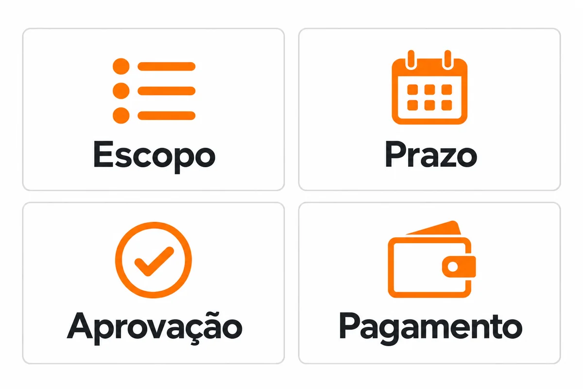 Quatro pontos para combinar na contratação de freelancer: escopo, prazo, aprovação e pagamento.