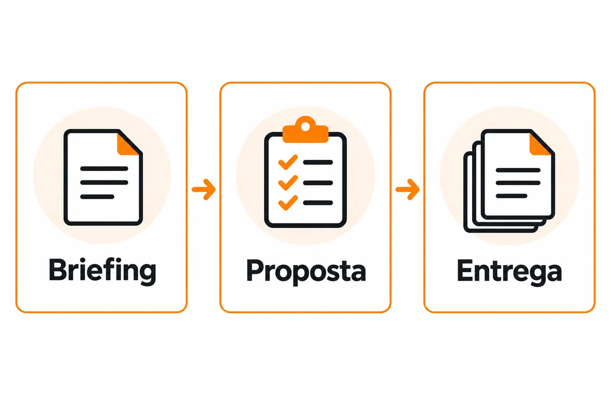 Fluxo de um projeto freelancer com as etapas briefing, proposta e entrega ligadas por setas.