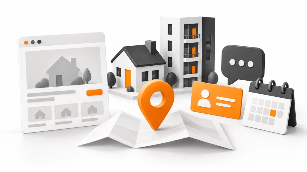 Miniaturas de casa e prédio, página de imóveis, marcador laranja no mapa, cartão de contato e calendário ilustram marketing imobiliário.