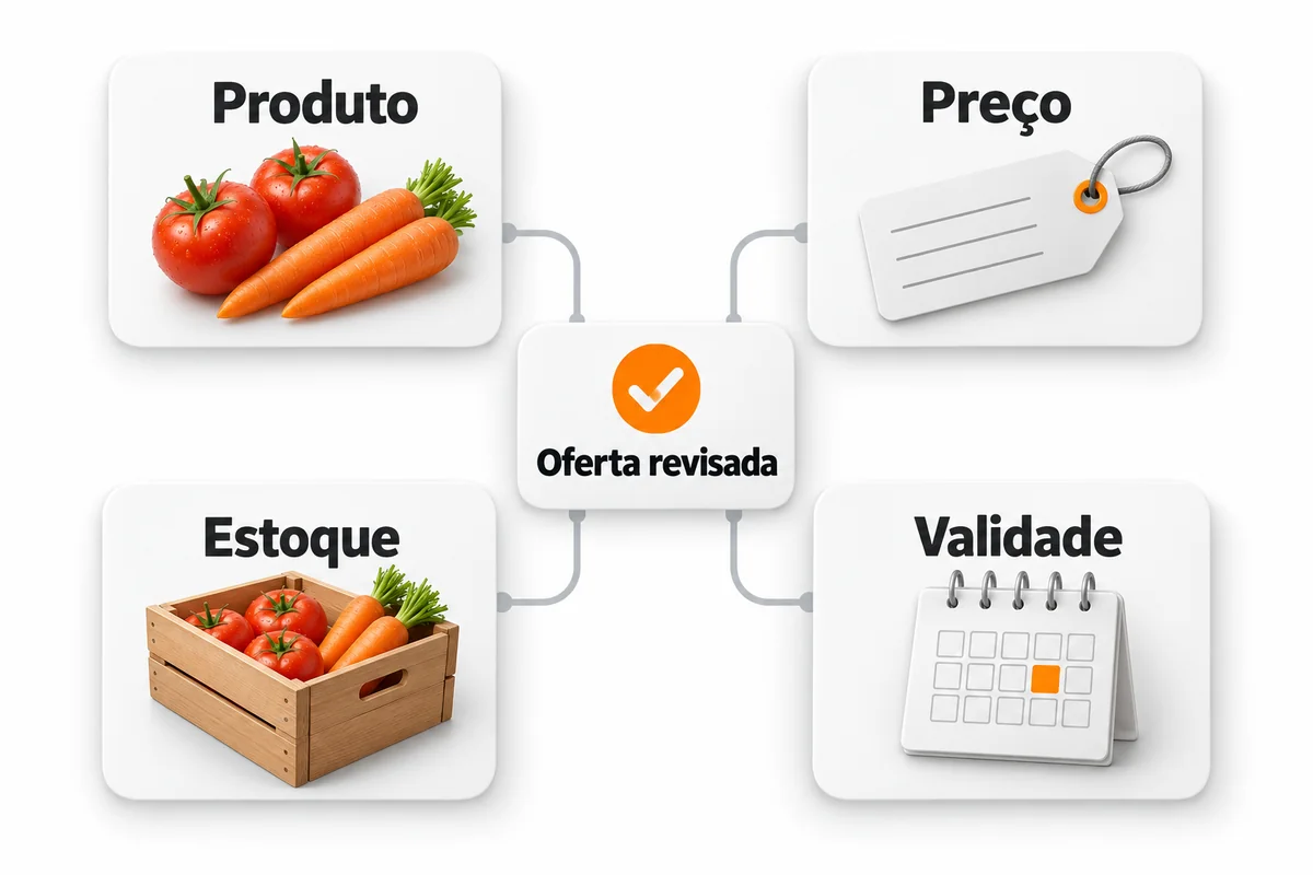 Oferta de supermercado revisada a partir de produto, preço, estoque e validade, com os quatro critérios conectados.