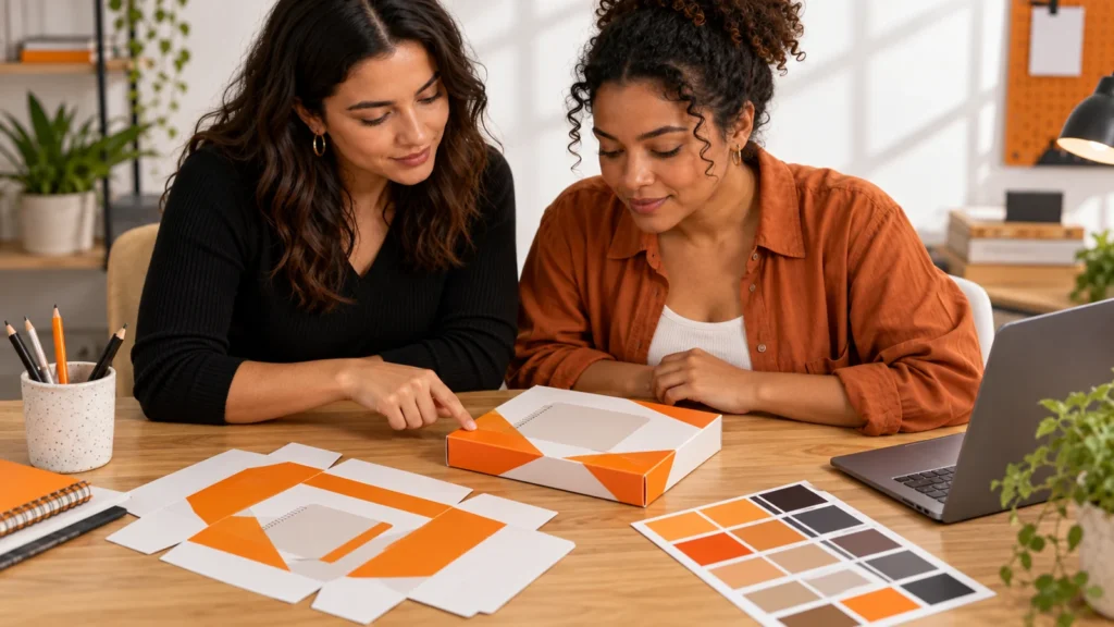 Duas profissionais avaliam uma caixa branca e laranja deitada na mesa, ao lado de uma amostra plana e paleta de cores.