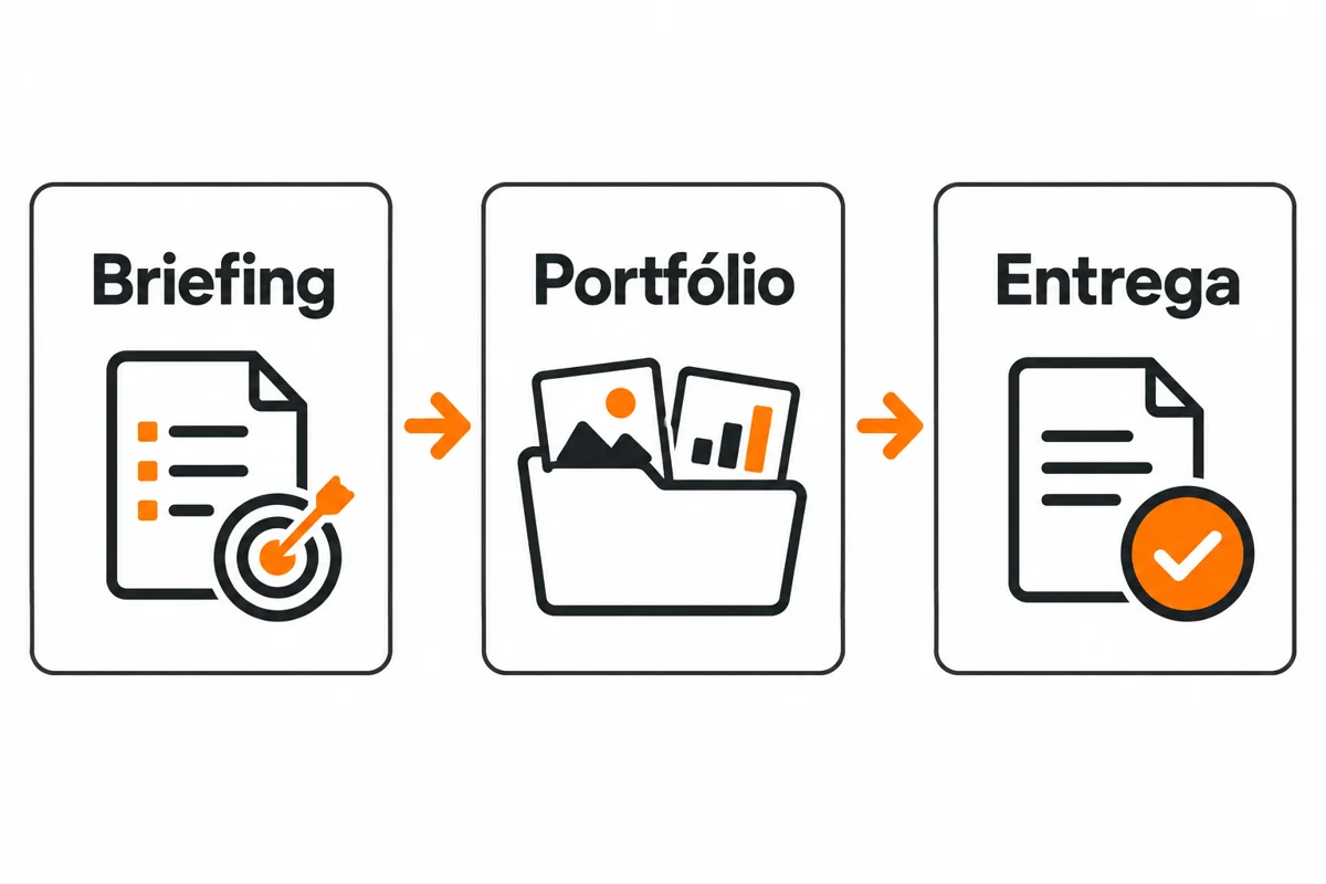 Diagrama liga briefing, portfólio e entrega com ícones de documento, pasta e arquivo conferido.