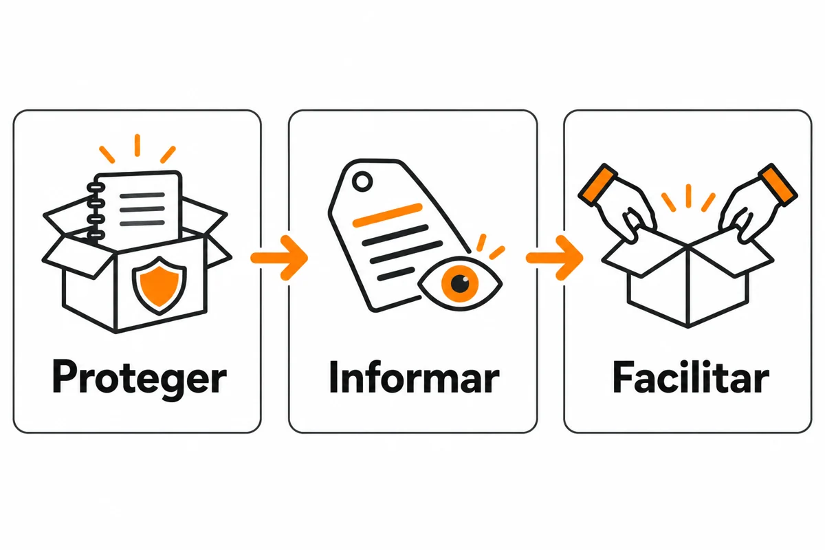 Diagrama com três funções da embalagem: proteger o produto, informar e facilitar o uso.