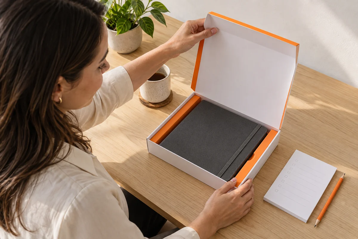 Profissional abre uma caixa branca e laranja com caderno grafite, apoiada na mesa ao lado de um checklist.