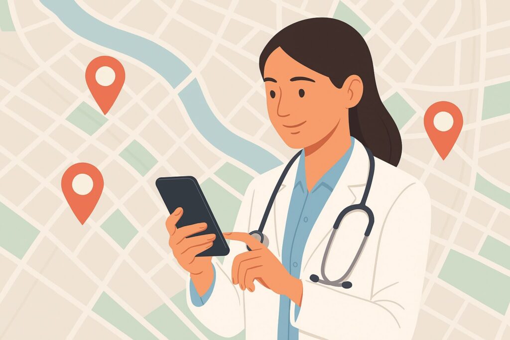 ilustração de uma médica utilizando o SEO Local para tentar atrair mais pacientes