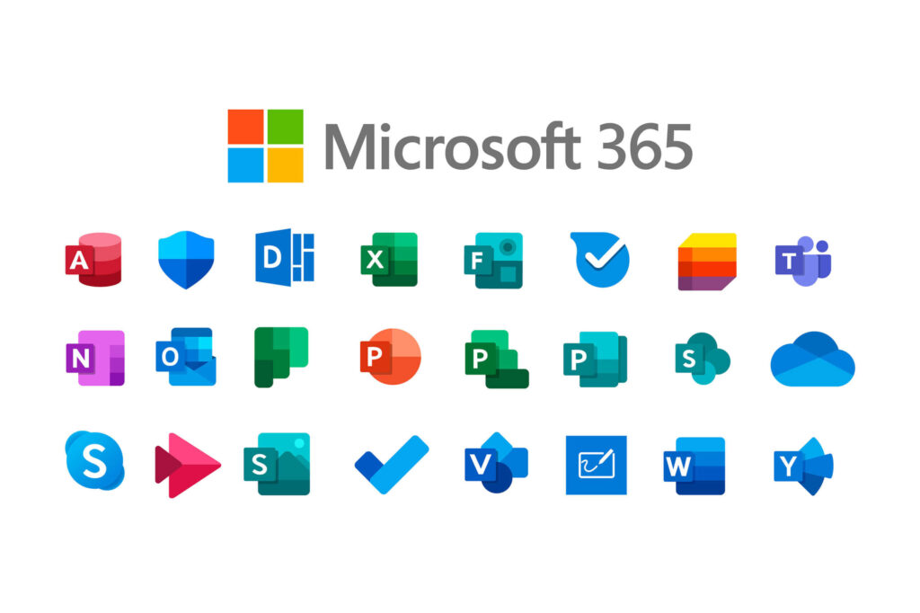 imagem ilustrativa escrito Microsoft 365 e com os ícones dos aplicativos do pacote microsoft office