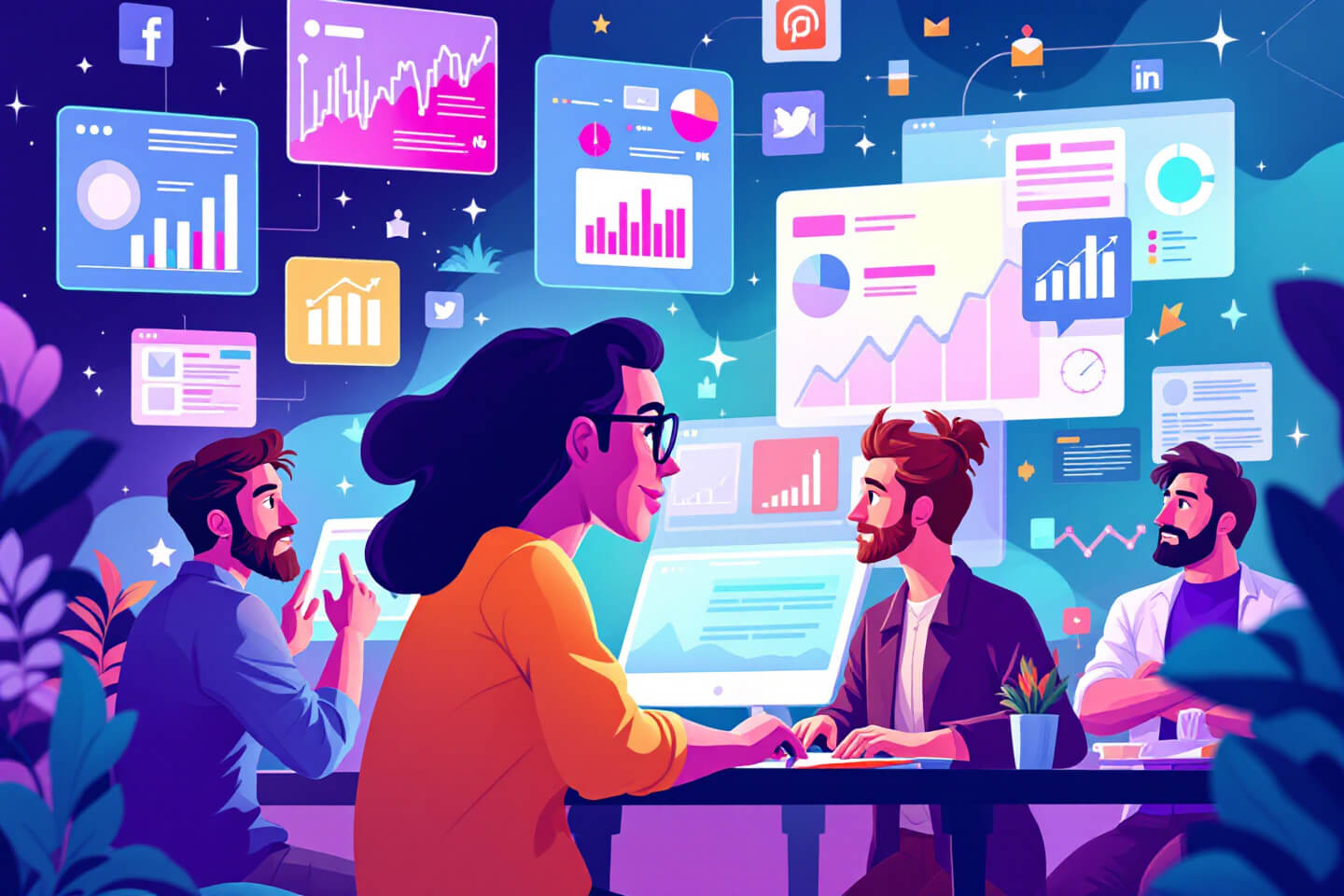 ilustração de uma equipe trabalhando e pensando em marketing digital para clientes