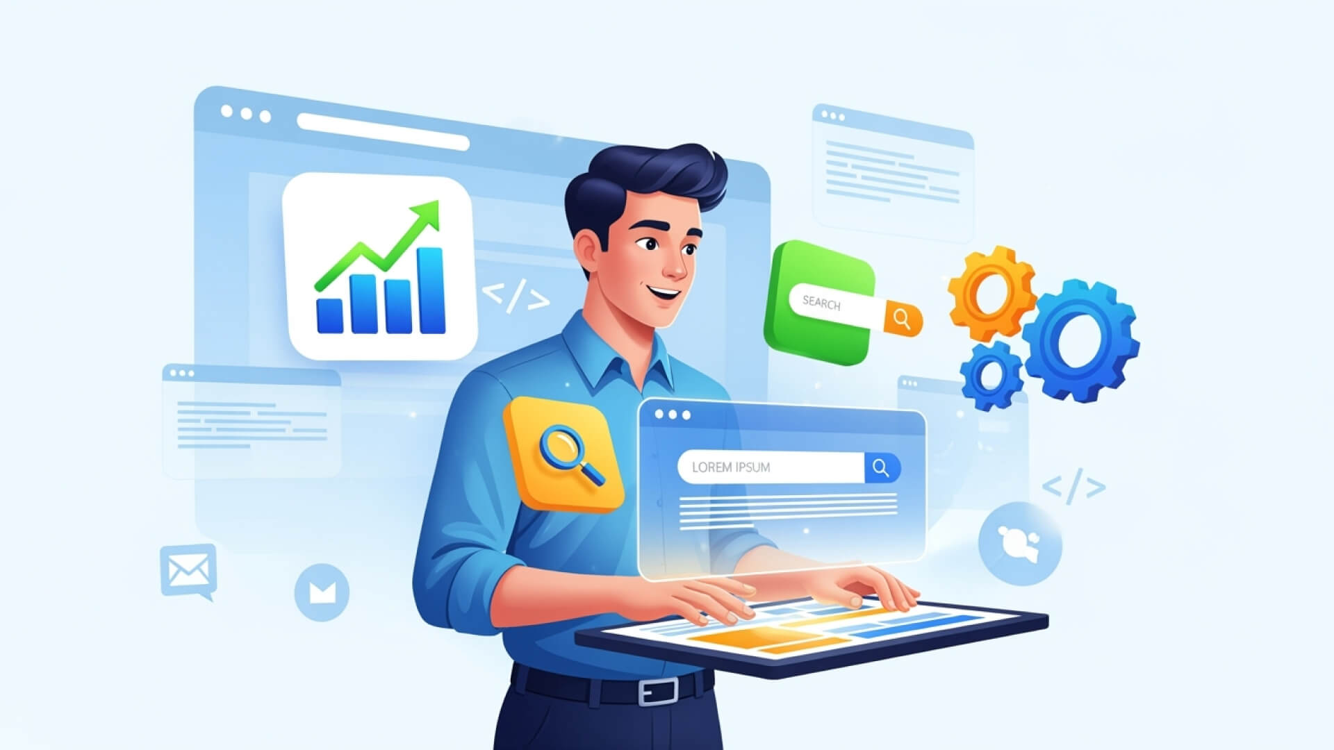 ilustração de um homem no formato de desenhos, envolto de tecnologias e sites pra estudar sobre otimização para sites de busca