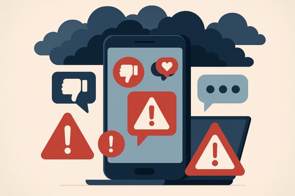 Ilustrativa Ilustração conceitual de crise digital mostrando smartphone com notificações de redes sociais, símbolos de alerta vermelhos, bolhas de comentários negativos flutuando e nuvens escuras sobre dispositivos digitais em estilo corporativo moderno