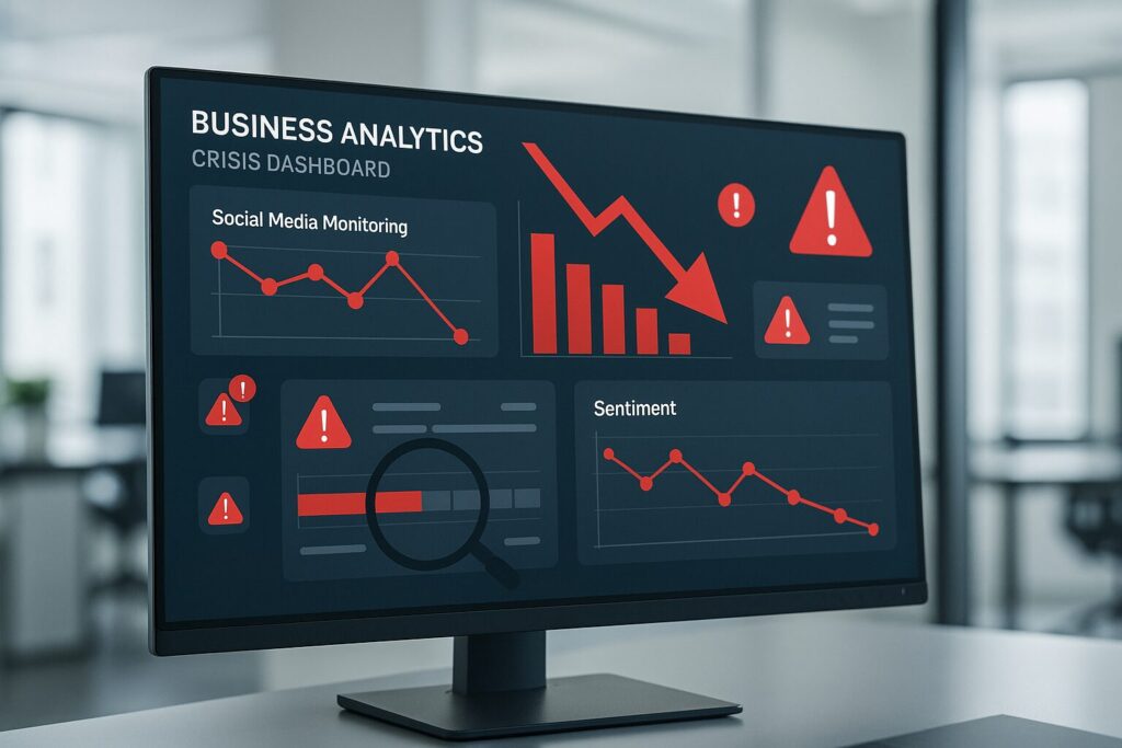 Dashboard de análise de negócios mostrando sinais de alerta de crise, tela de computador com gráficos de monitoramento de redes sociais, setas vermelhas apontando para baixo, alertas de notificação e lupa sobre dados de sentimento negativo em ambiente de escritório profissional