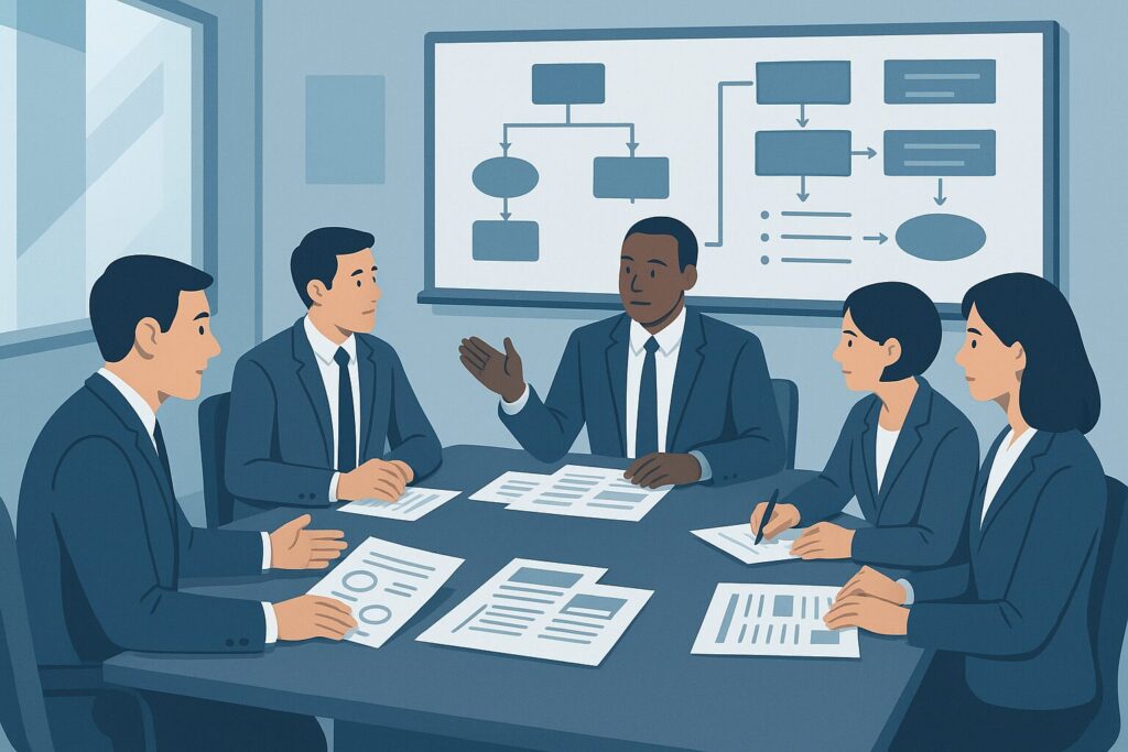 Ilustração de planejamento estratégico com equipe de negócios ao redor de mesa de conferência com documentos de gestão de crise, diagramas de fluxo no quadro branco, protocolos de resposta de emergência em sala de reunião moderna com profissionais em trajes executivos