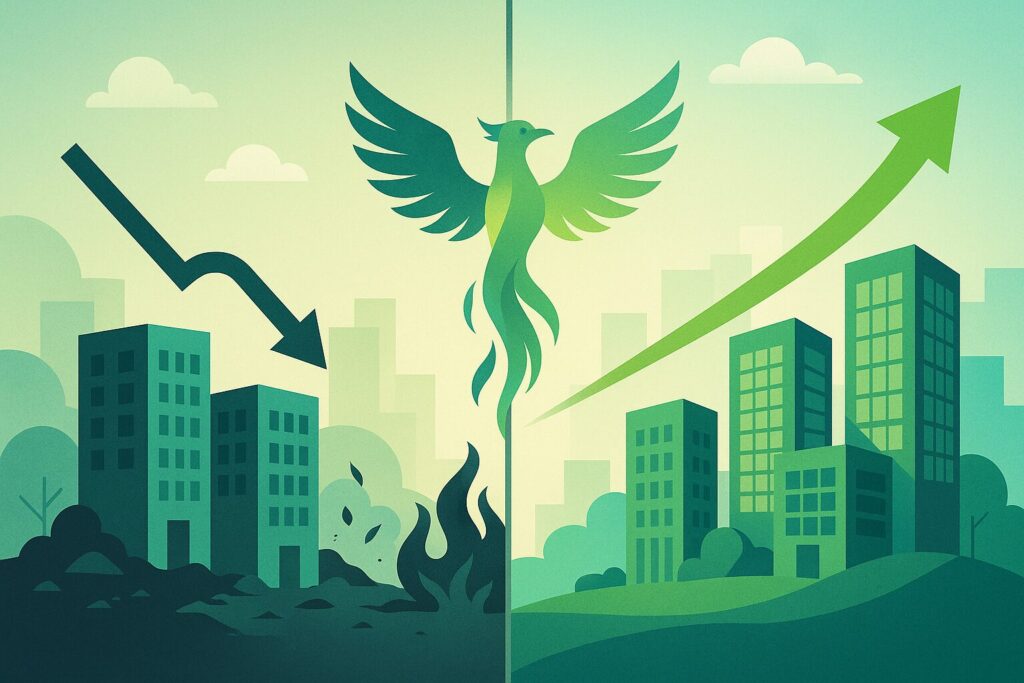 Visualização de história de sucesso empresarial com conceito de antes e depois, setas de gráfico ascendente, edifícios corporativos com transformação positiva, metáfora de fênix renascendo das cinzas, ilustração de recuperação de negócios em design corporativo inspirador