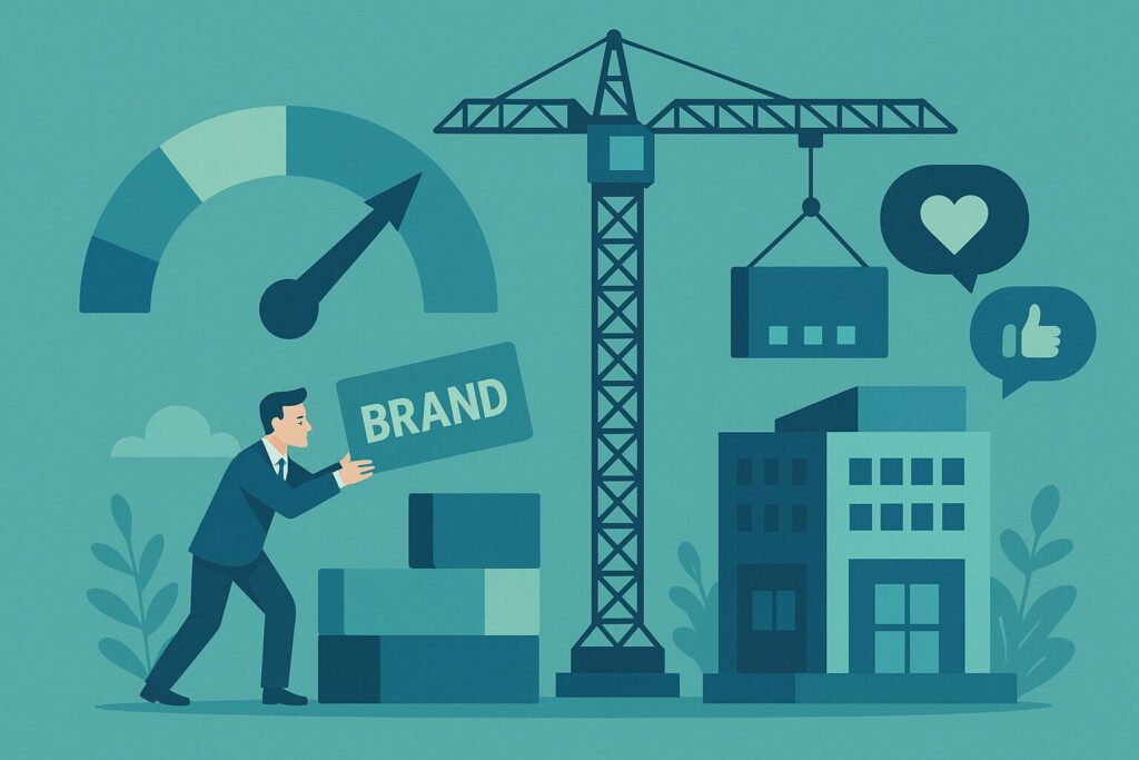 Ilustração de recuperação de reputação de marca com blocos de construção sendo reconstruídos, feedback positivo de redes sociais, medidor de reputação em ascensão, edifício corporativo sendo reconstruído mais forte, guindaste levantando elementos da marca