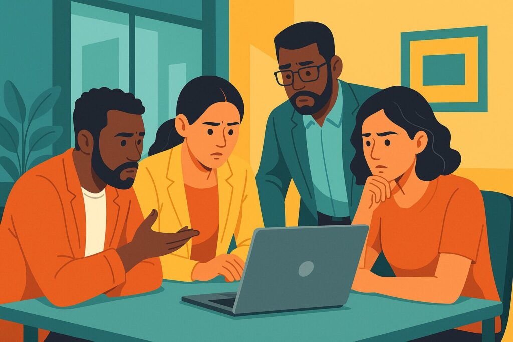 Colaboração de equipe de pequena empresa com grupo diverso de empreendedores ao redor de laptop discutindo gestão de crise, ambiente de escritório de startup, espaço de trabalho moderno com cores da marca MAIKON.biz, profissionais brasileiros em atmosfera colaborativa