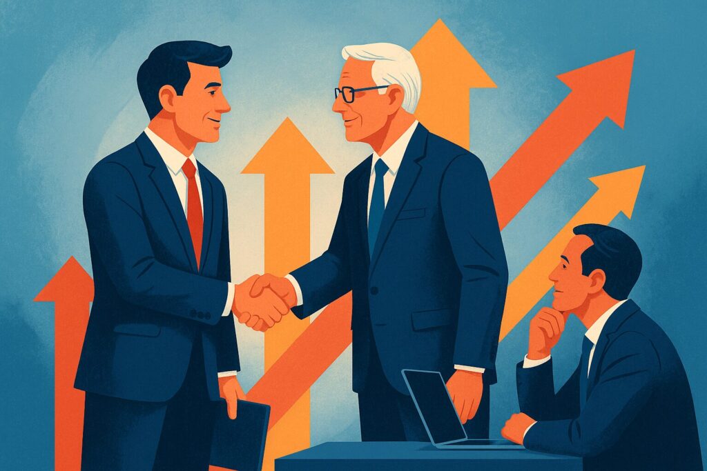 Conceito de sucesso empresarial e chamada para ação com aperto de mãos profissional, acordo de parceria, ilustração de mentoria, setas de crescimento de negócios, cena de consultoria corporativa, reunião profissional, conquista de sucesso