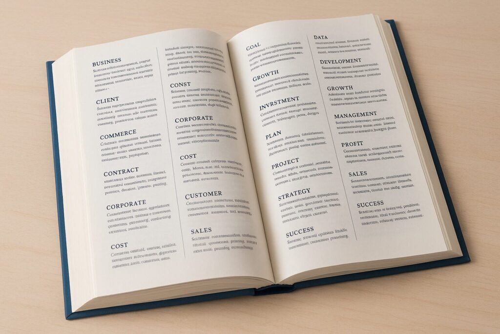 Conceito de dicionário e glossário com livro aberto contendo termos de negócios, biblioteca de conhecimento, guia de referência profissional, ilustração educacional, materiais de aprendizado corporativo em design acadêmico limpo