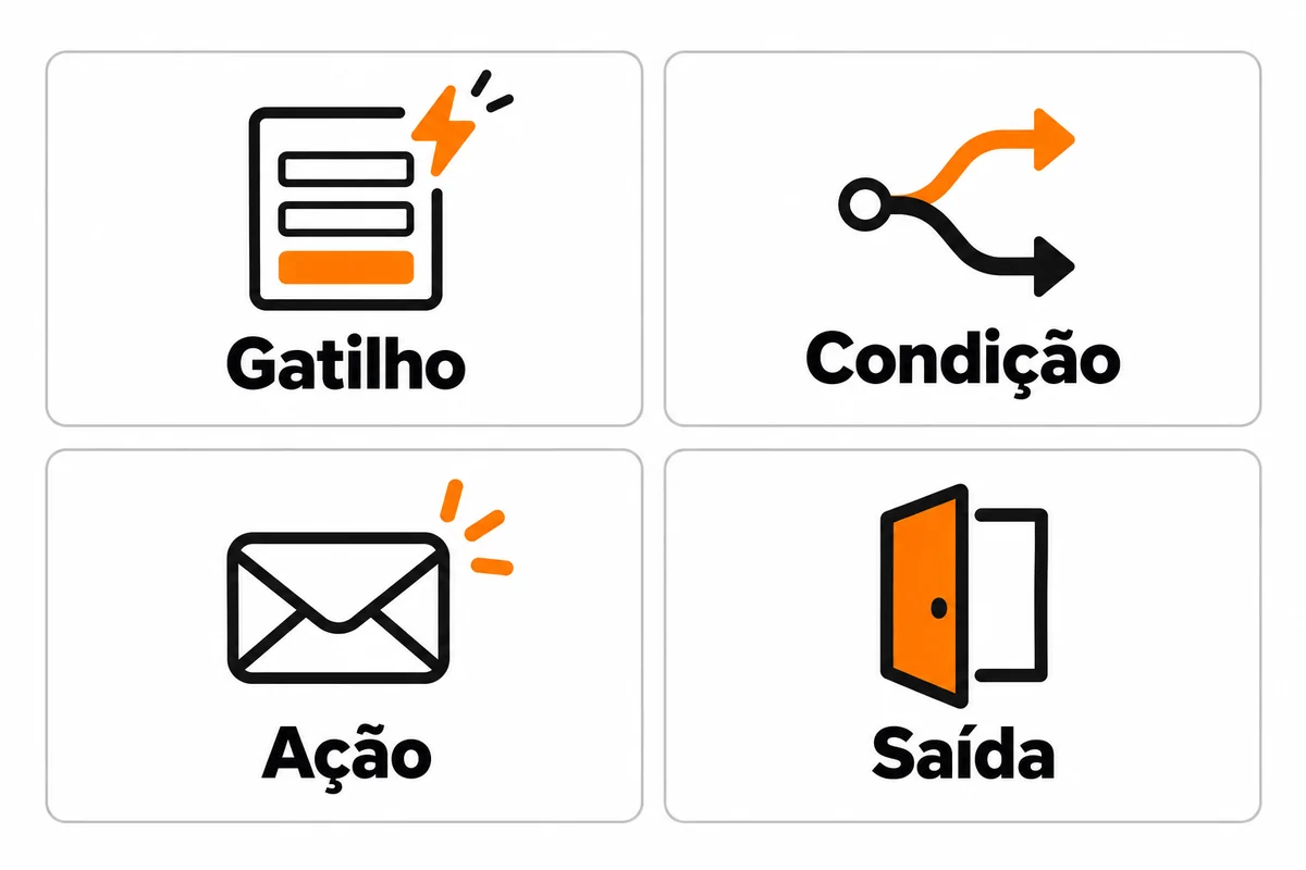 Quatro cartões apresentam gatilho, condição, ação e saída com ícones de formulário, caminhos, envelope e porta.