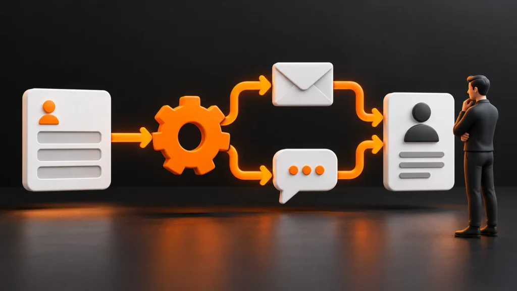 Fluxo conecta um cadastro a uma engrenagem, e-mail e conversa, chegando a um perfil acompanhado por um profissional