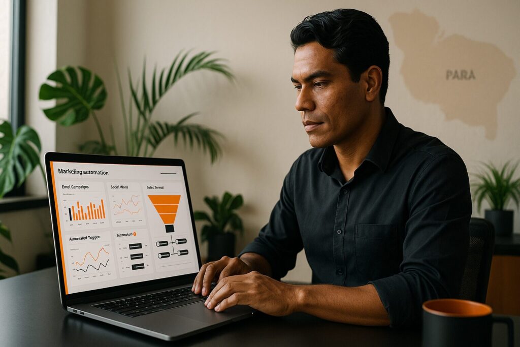 Profissional de marketing analisando painel de automação de marketing no notebook em escritório
