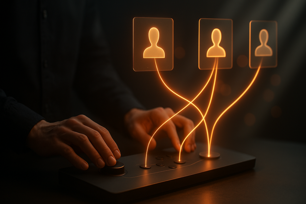 Mãos ajustando um painel moderno que direciona linhas luminosas para perfis de audiência em telas translúcidas, simbolizando automação de marketing.