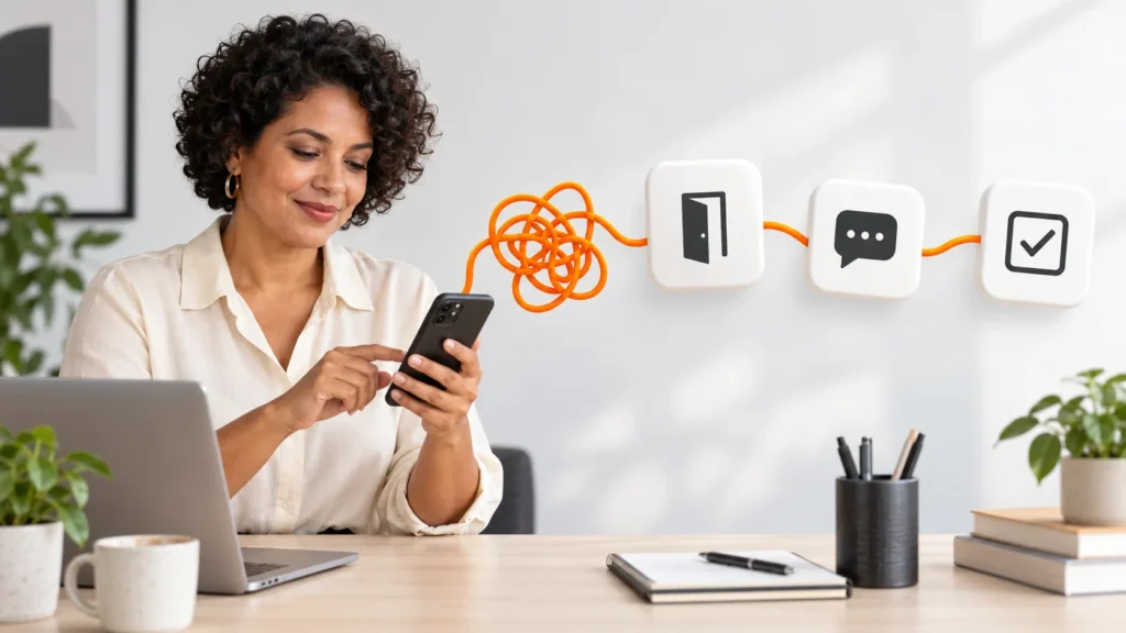 Empreendedora usa um celular ao lado de um fio laranja que conecta símbolos de acesso, conversa e tarefa marcada