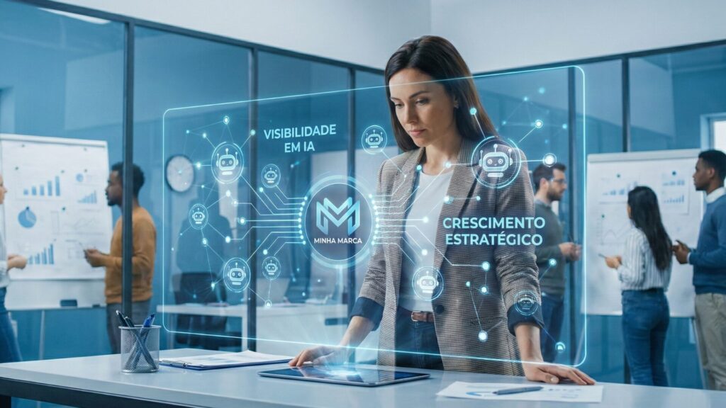 Mulher interagindo com painéis digitais em ambiente tecnológico, representando visibilidade em IA