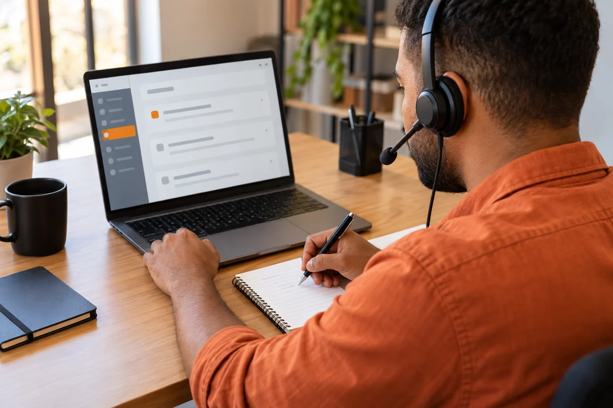 Homem com headset confere um histórico no notebook e registra uma próxima ação no caderno.