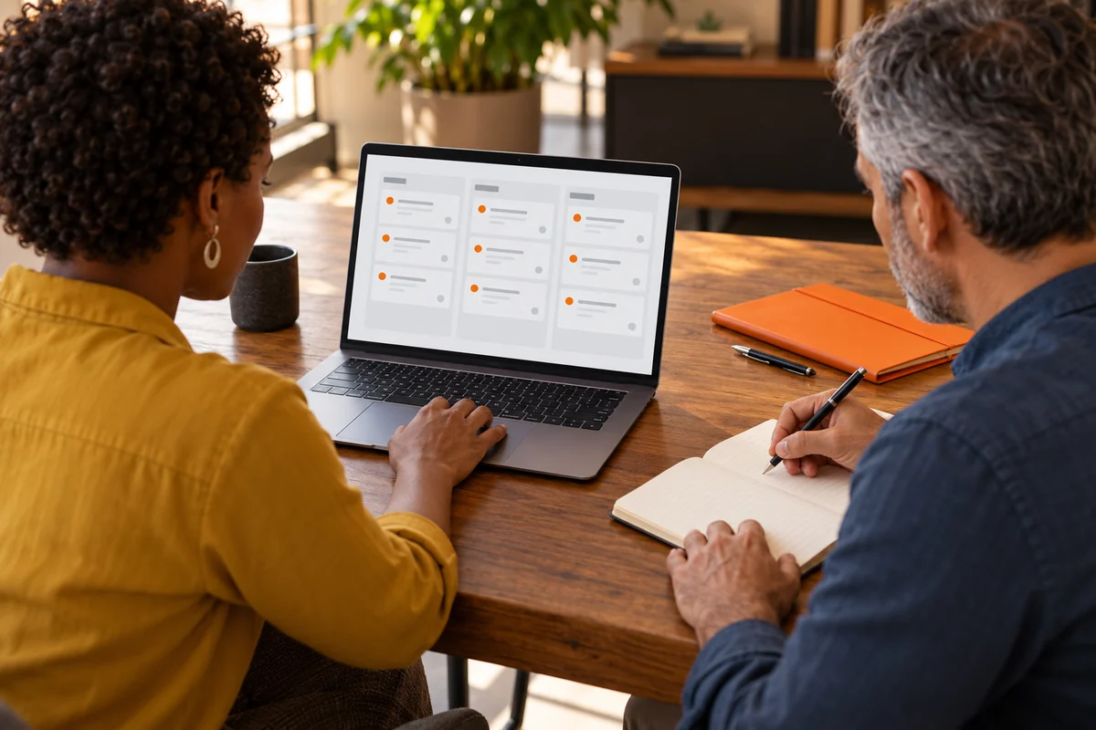 Dois profissionais conferem uma interface conceitual de oportunidades no notebook e registram anotações em um caderno sobre a mesa.