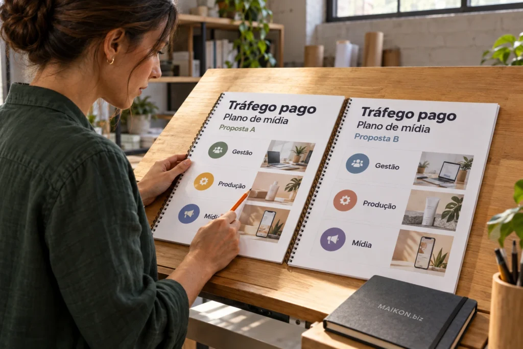 Cena ilustrativa de empreendedora comparando dois planos de mídia de tráfego pago, com gestão, produção e mídia em propostas sobre uma bancada inclinada.