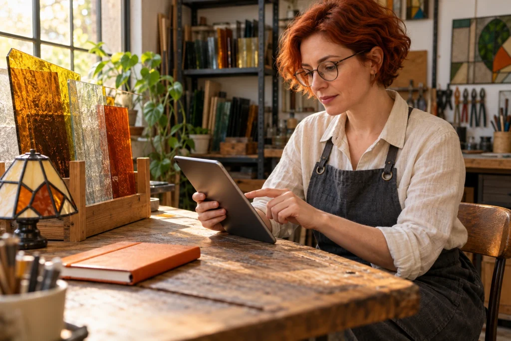 Cena ilustrativa: mulher de cabelo ruivo usa um tablet numa bancada de ateliê de vitrais. A tela não representa uma plataforma ou teste de acessibilidade reais.