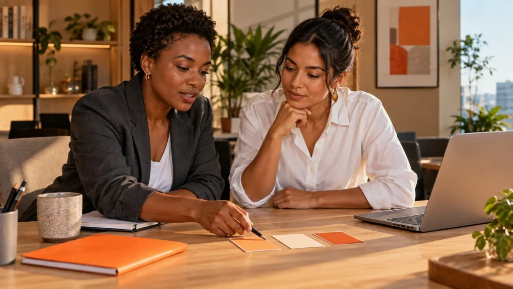 Duas profissionais planejam um fluxo de marketing com cartões apoiados sobre uma mesa.