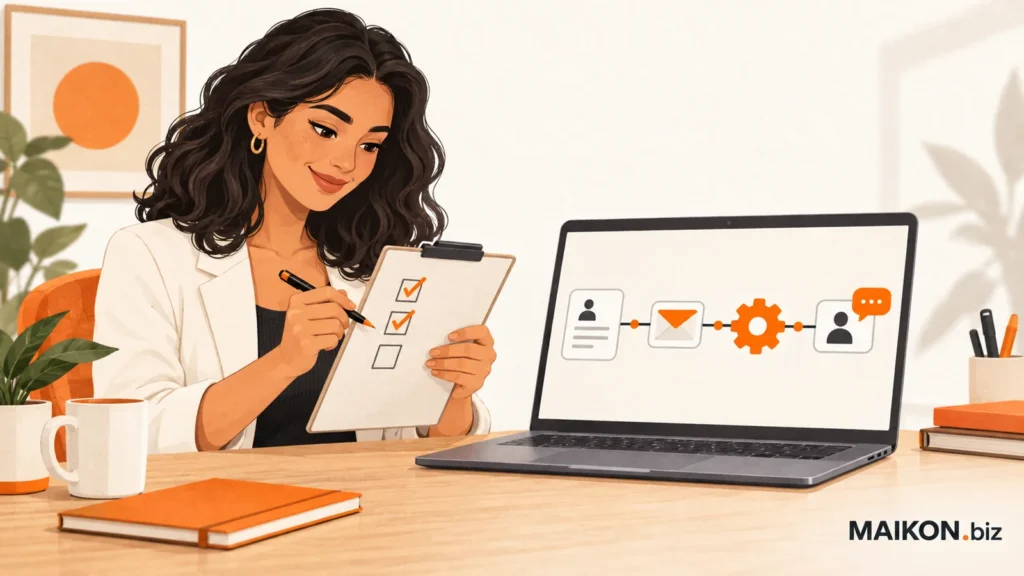 Profissional confere uma prancheta ao lado de notebook com fluxo de cadastro, e-mail, engrenagem e atendimento.