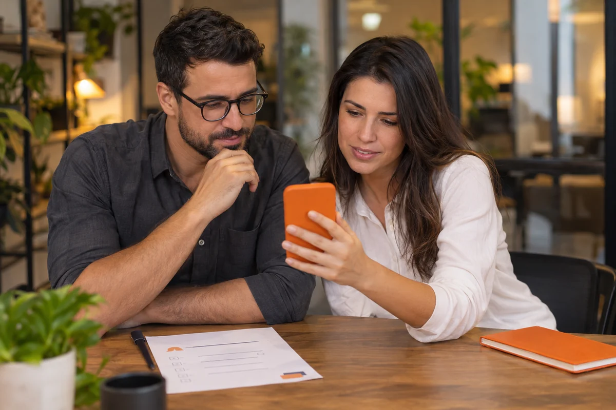 Dois profissionais conferem uma experiência de atendimento no celular, com checklist apoiado na mesa.