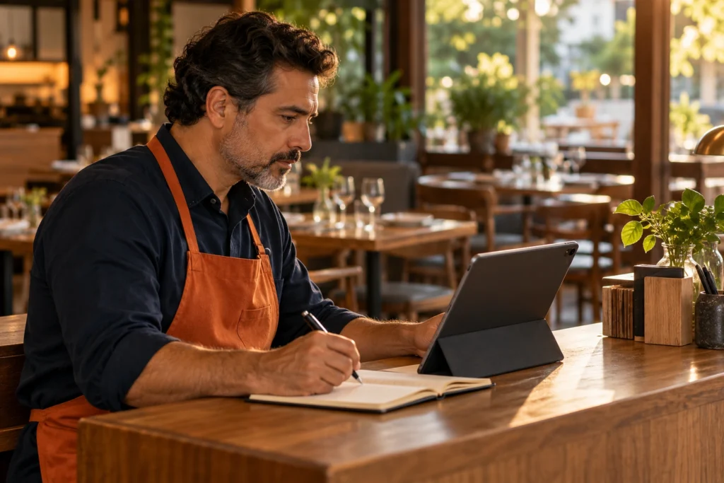 Cena ilustrativa: gerente de restaurante consulta um tablet e faz anotações antes do atendimento.