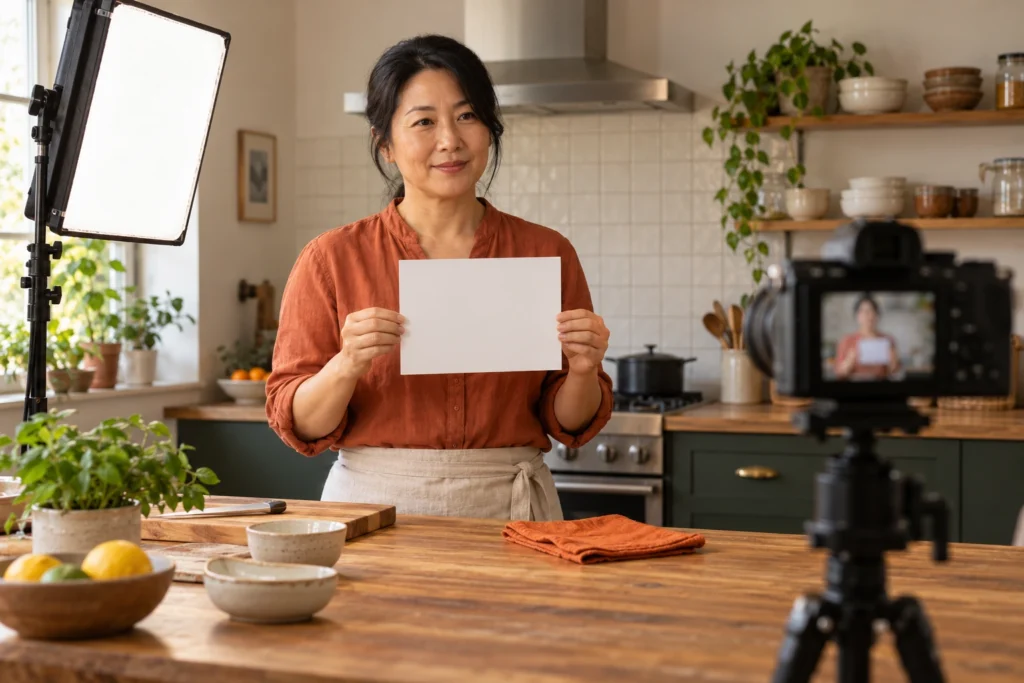 Cena ilustrativa: instrutora segura um cartão branco diante da câmera em uma cozinha didática, com painel de luz à esquerda, bancada de madeira e detalhes laranja.