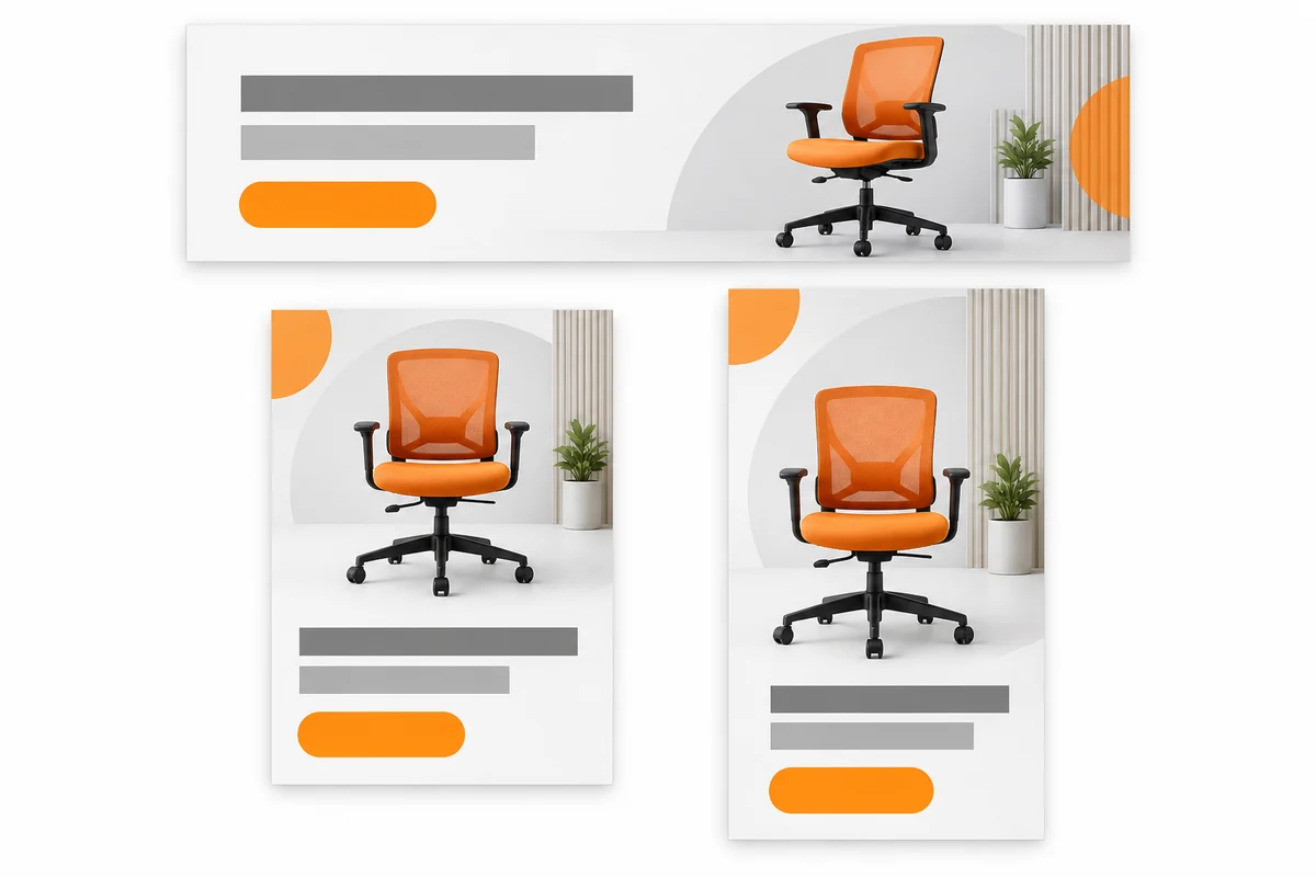 Composição de banner digital com a mesma cadeira reorganizada em uma faixa larga e dois formatos verticais.