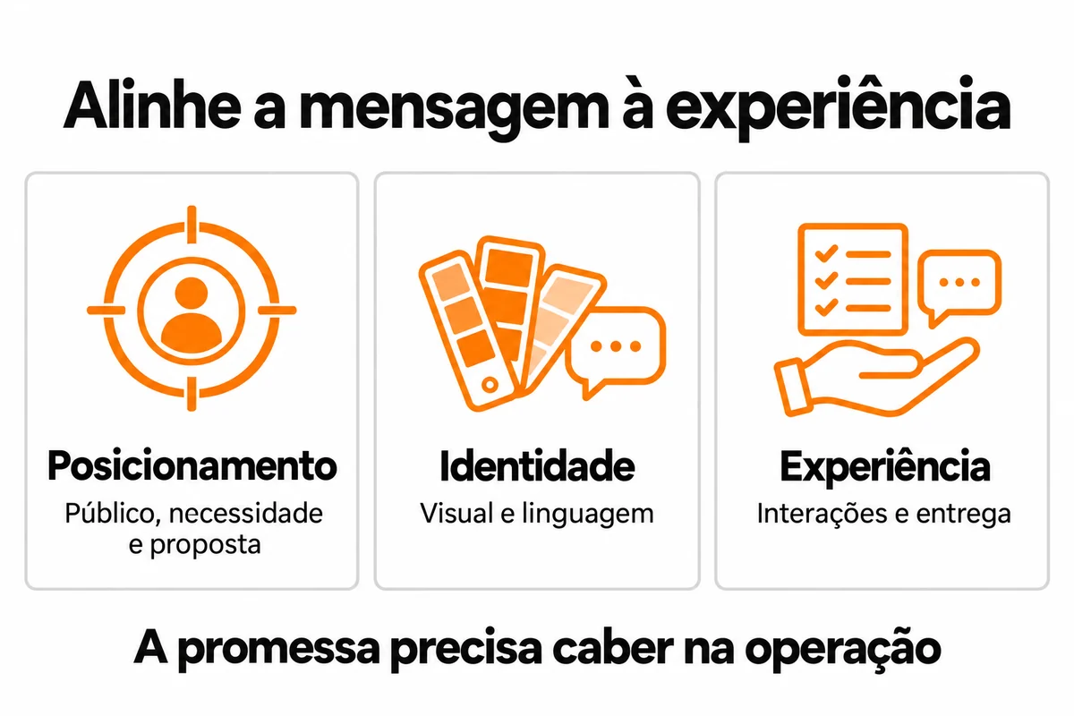 Posicionamento, identidade e experiência precisam se alinhar. A promessa da marca precisa caber na operação.