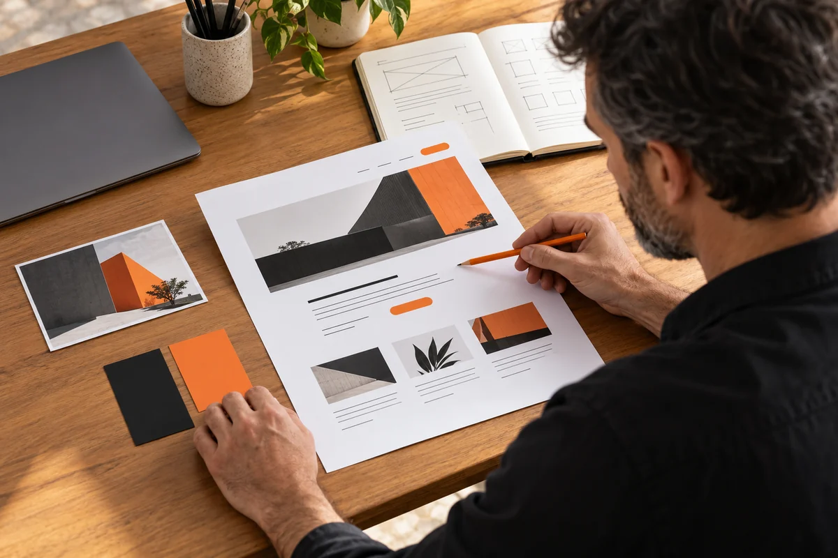 Profissional confere com lápis laranja um layout impresso apoiado de face para cima, ao lado de amostras de cores preta e laranja.