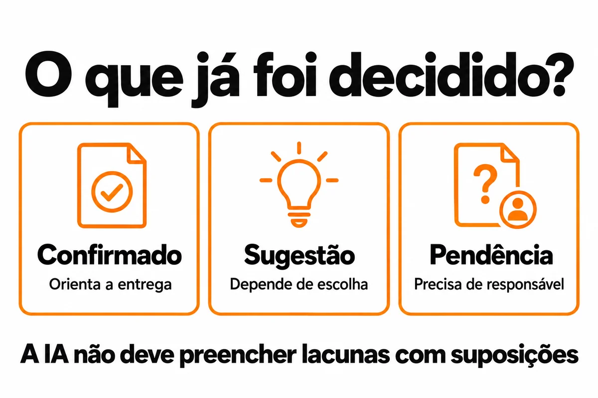 Três categorias distinguem o que está confirmado e orienta a entrega, a sugestão que depende de escolha e a pendência que precisa de responsável. A IA não deve preencher lacunas com suposições.