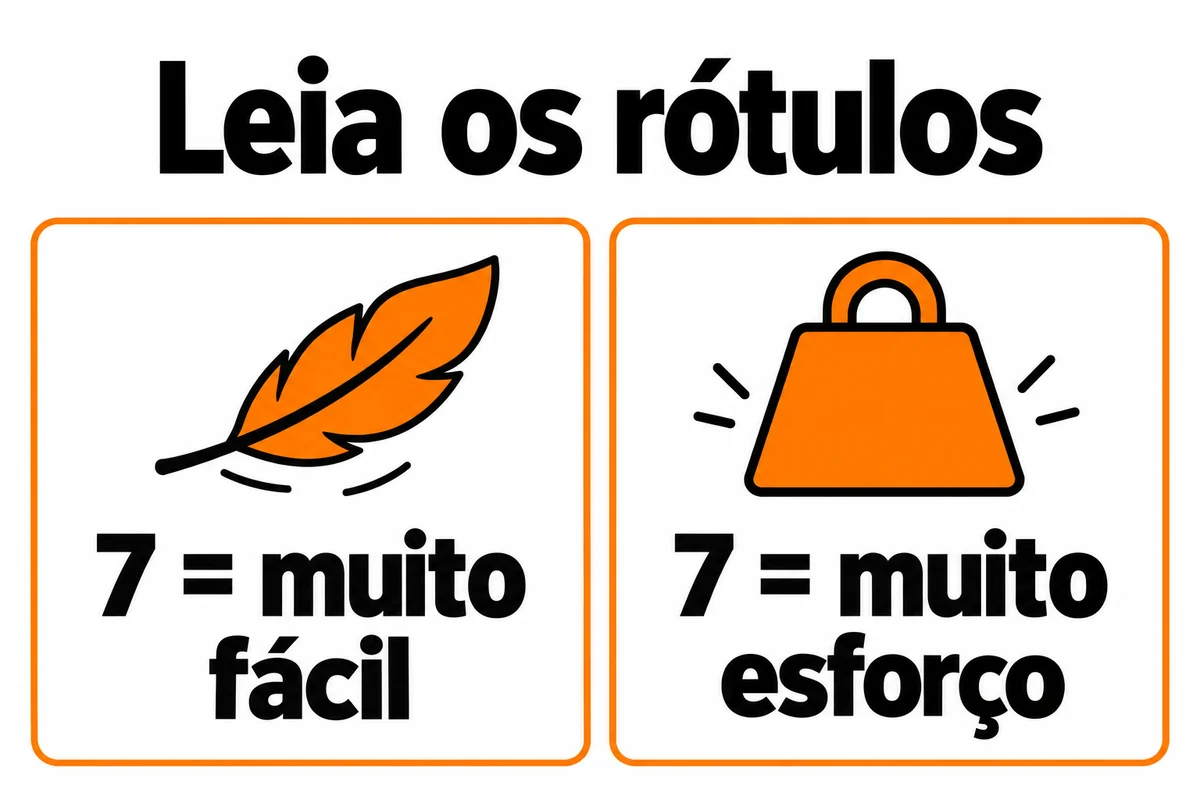 Quadro compara dois exemplos de rótulos: 7 significa muito fácil em um e muito esforço no outro.