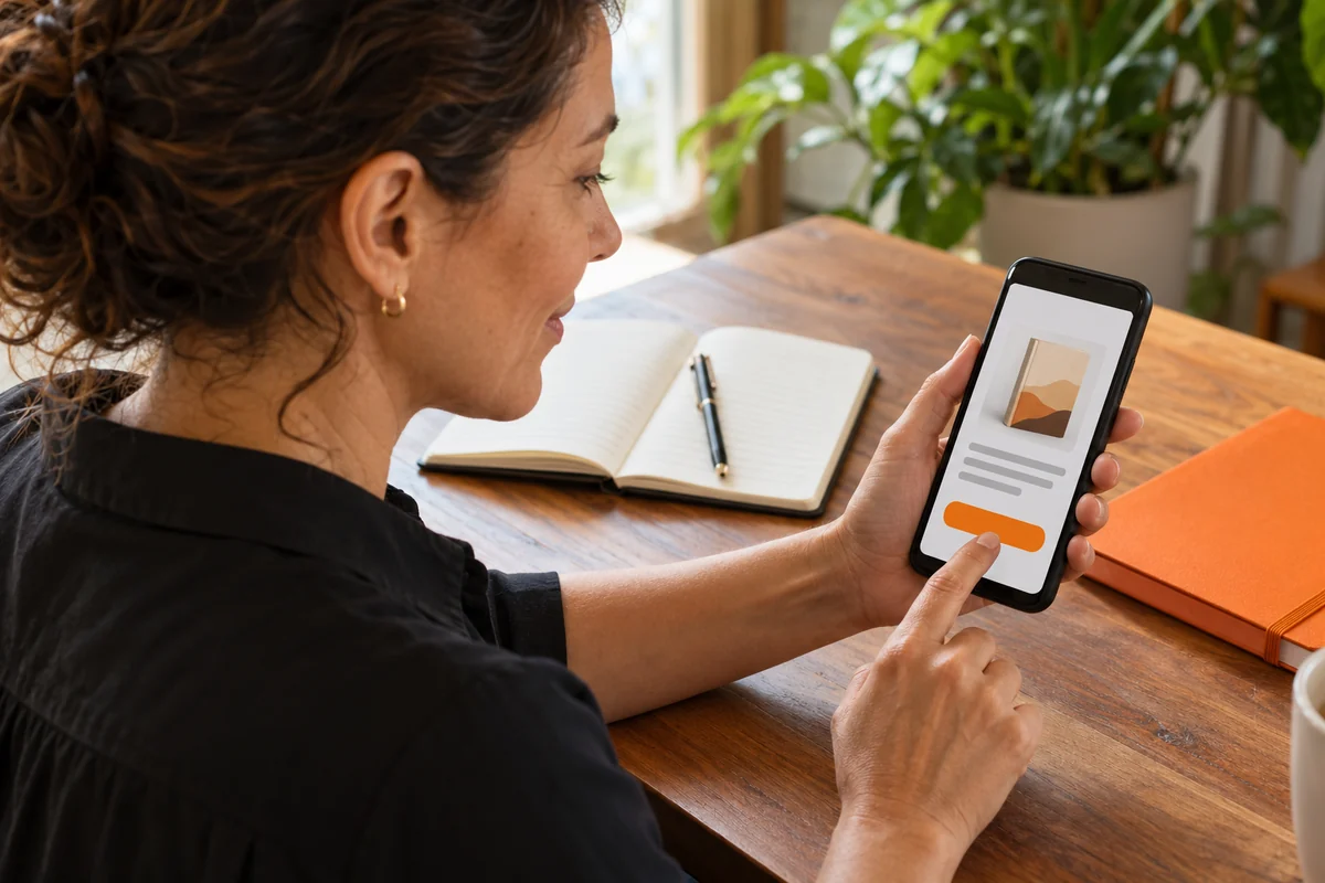 Mulher toca um botão em uma interface conceitual de material no celular, com caderno aberto sobre a mesa.